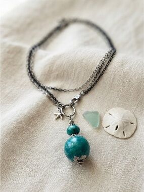 Vintage Mixed Metal Multi-Chain Necklace with Vibrant Chrysocolla Pendant